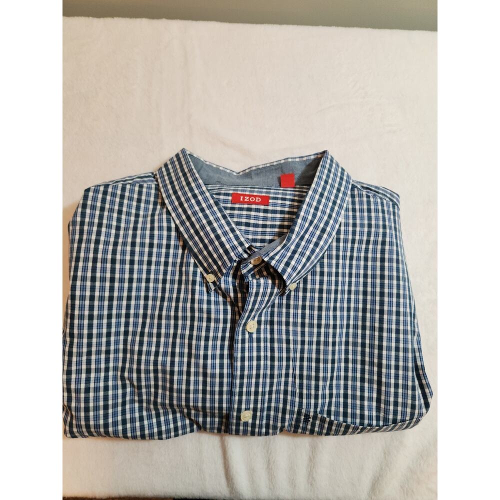 Izod Shirt Mens 4XL Blue Plaid Long Sleeve Big Work Business Preppy 100% Cotton